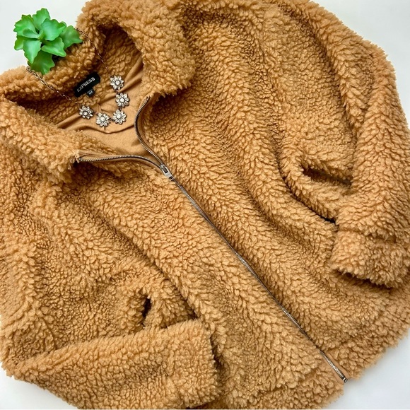 Express Camel Cozy Teddy Jacket Brown Tan Sherpa  Fleece Oversized Zip Size XS - Picture 2 of 14